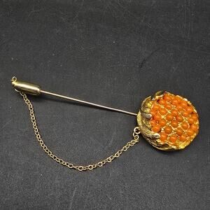 Van's Authentics Orange Beaded Stick Pin Hat Pin Chained Gold Tone Vintage